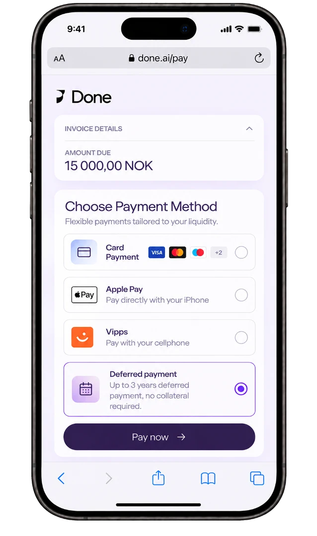 An invoice paid on a phone: card, Apple Pay, Vipps or deferred payment