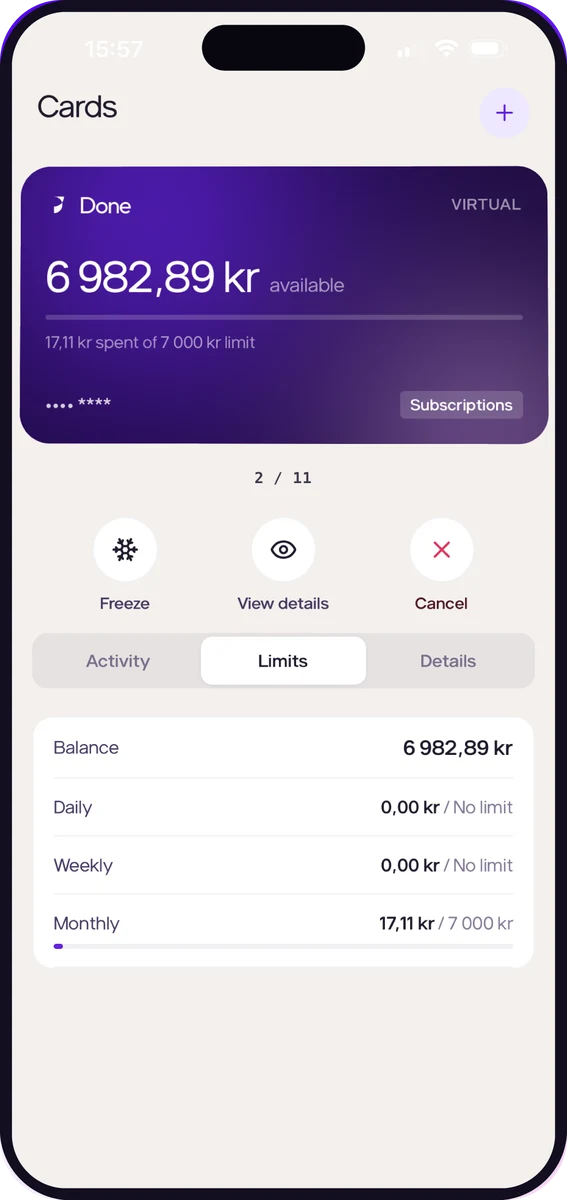 The Cards screen in the Done Spend app: a virtual card, what is left on it, and its daily, weekly and monthly limits