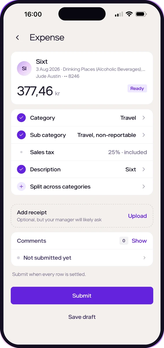 An expense in the Done Spend app: a Sixt rental categorised as travel, with a place to upload the receipt