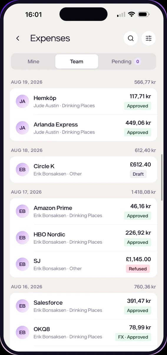 The team's expenses in the Done Spend app, each marked approved, draft or refused