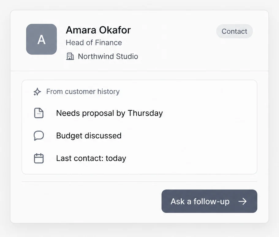 An AI-generated customer brief with recent activity and next steps