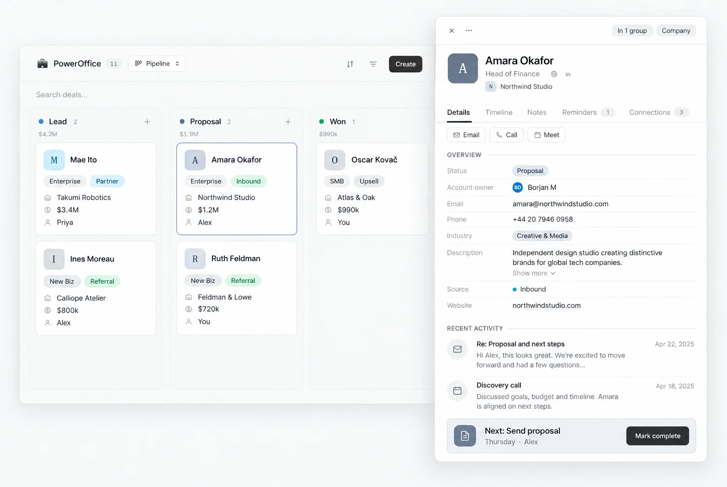 A customer record connected to a sales board with clear next steps