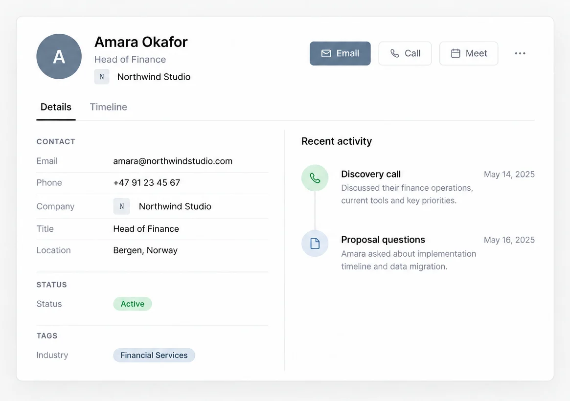 A customer record with contact details and recent activity