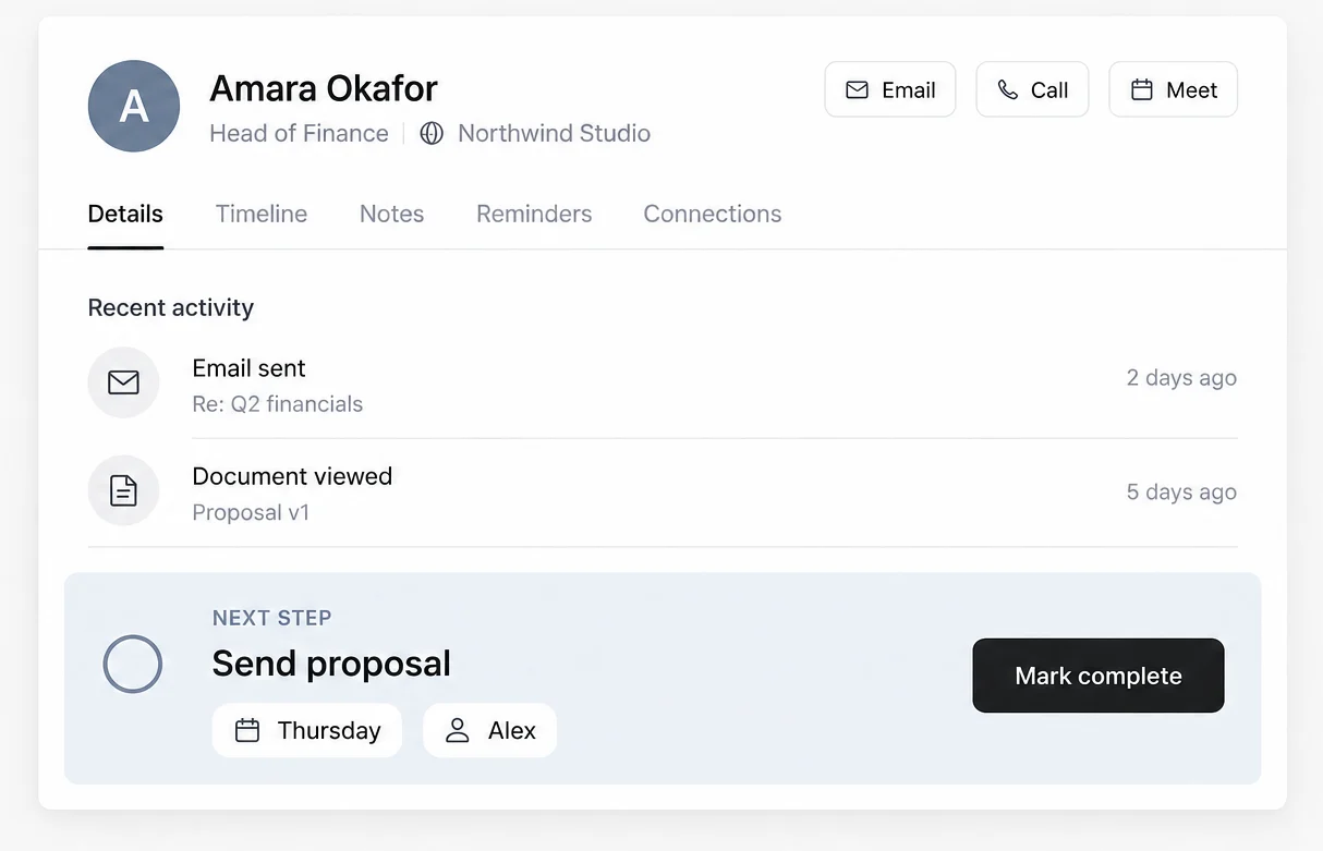 A next step reminding Alex to send a proposal on Thursday