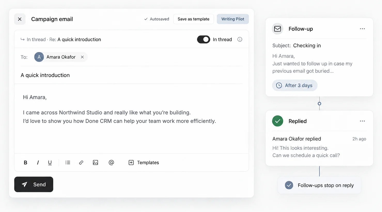 A campaign email with personal details and a planned follow-up