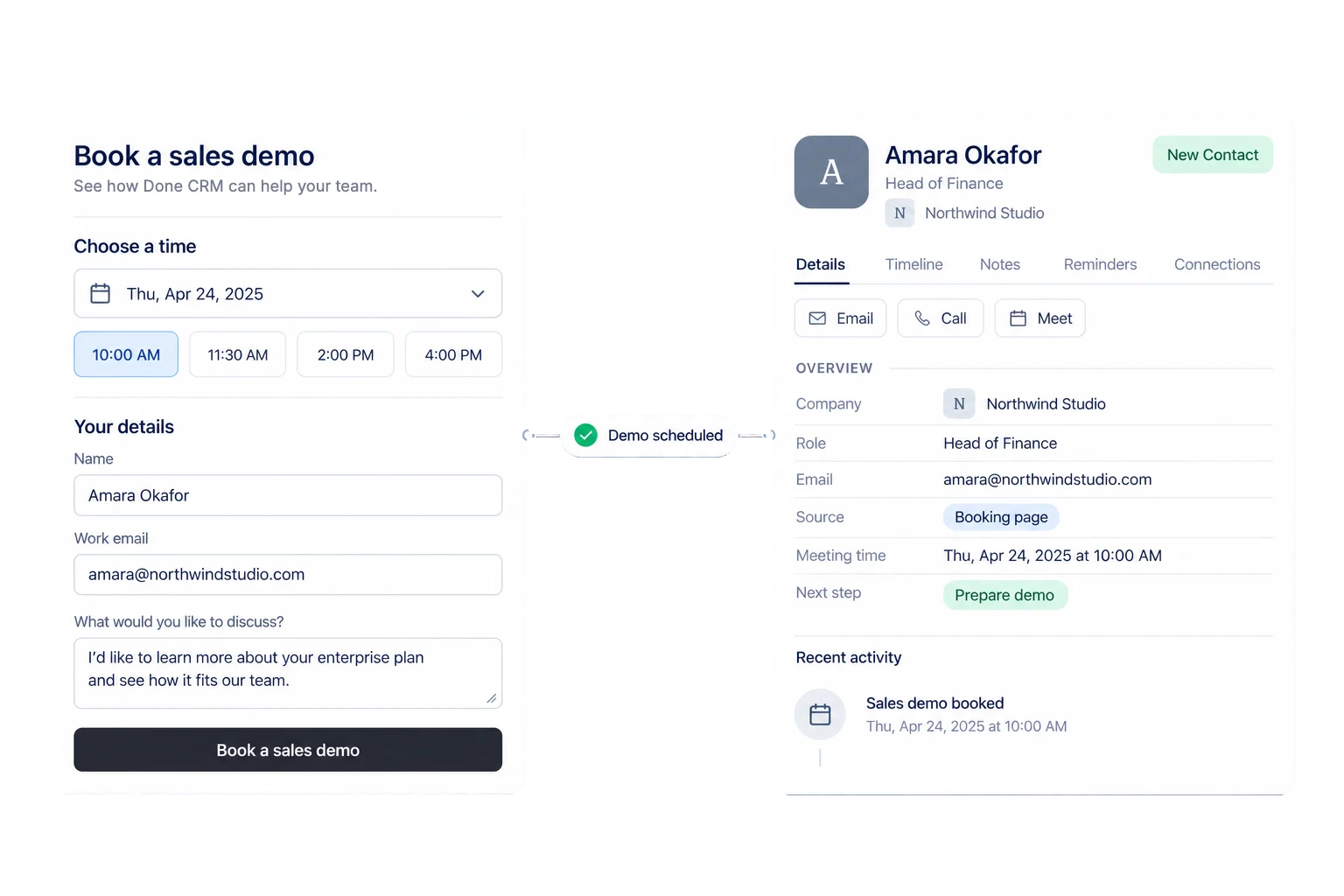 A booking page sending a new meeting into a contact record