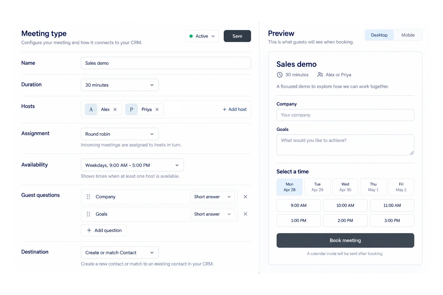 A meeting type setup with hosts, assignment rule and guest questions
