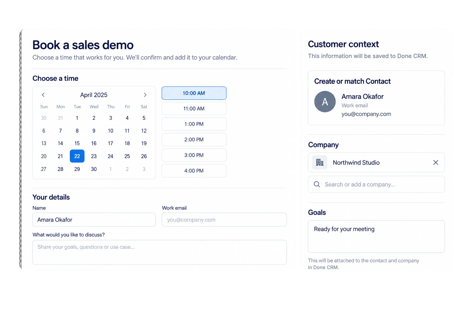 A booking page collecting a time and sales context from a guest