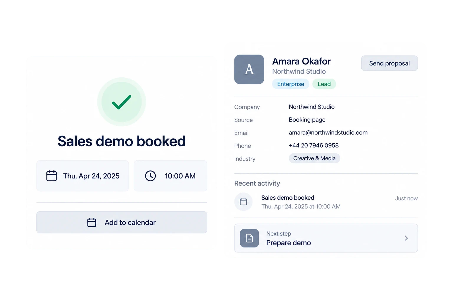 A booking confirmation showing a new contact and next step
