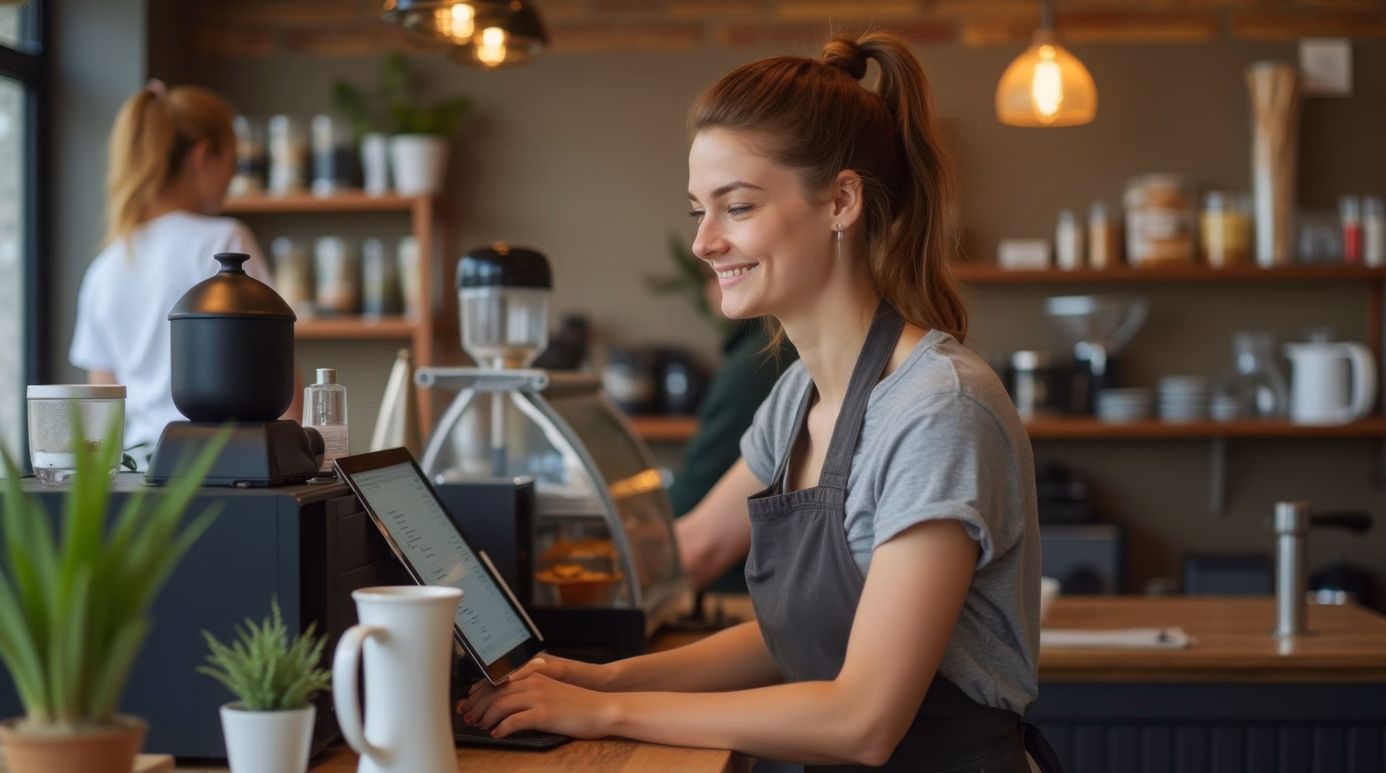 Ansatt bruker Done kassesystem på tablet i en kafé